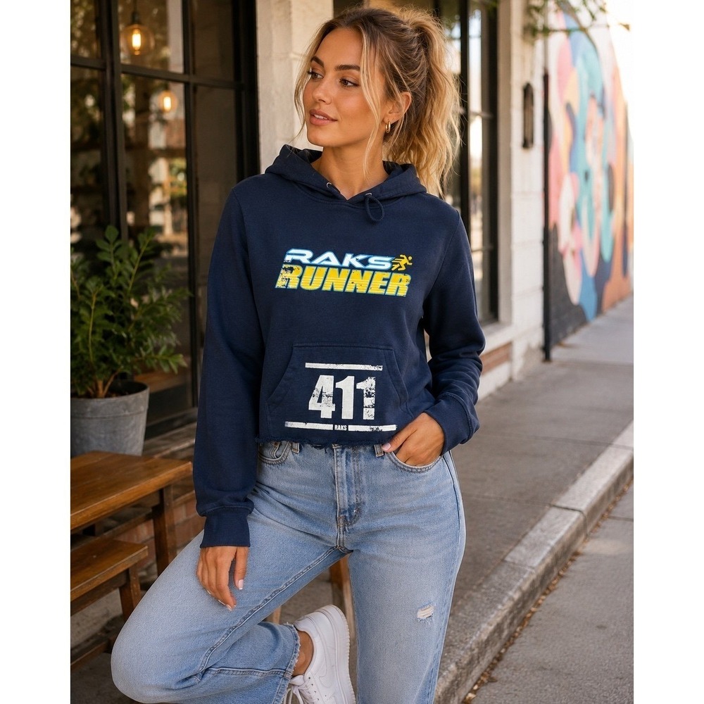 RAKS Runner Cropped Hoodie Women's Medium‎ Blue Raw Hem Graphic Sweatshirt